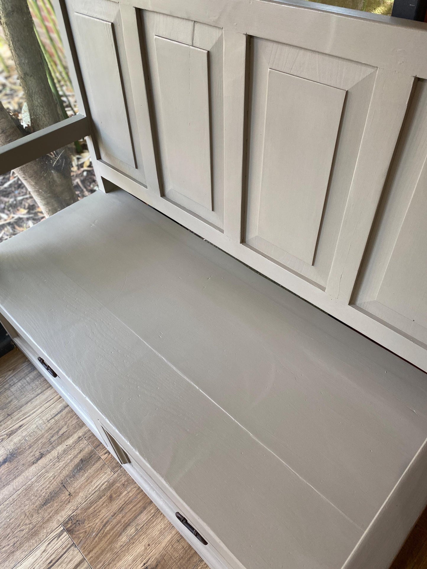 Vintage pine bench with storage drawers hand painted in grey