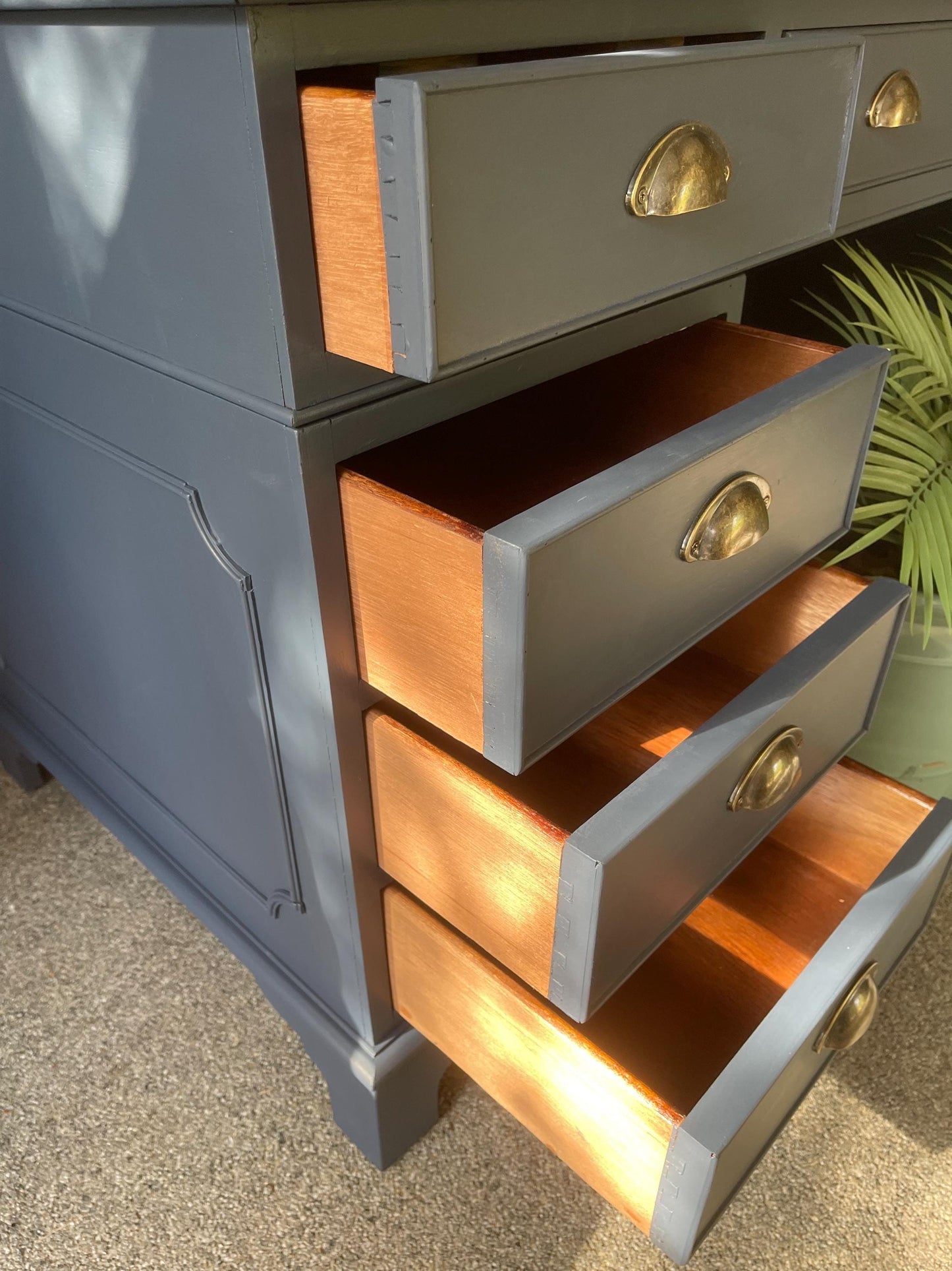 Vintage Large Leather Top Desk painted in navy blue with red leather 137cm Wide x 68.5cm deep (comes in three parts)