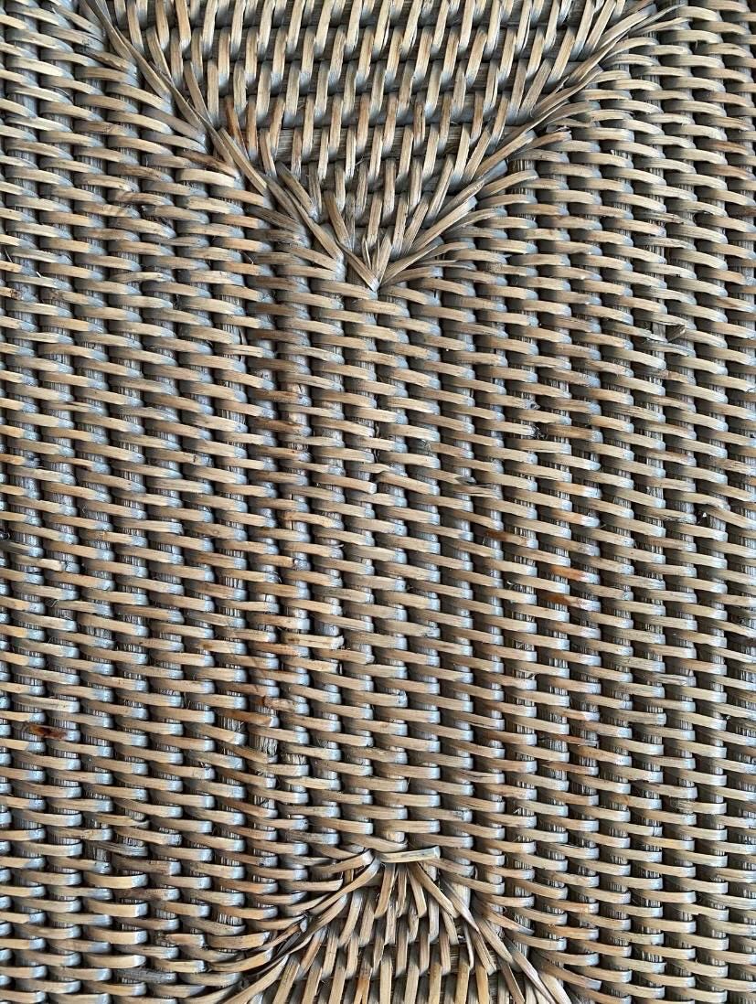 A small handmade rattan morning  tray in a natural and grey weave 33 x 20 x 5 cm