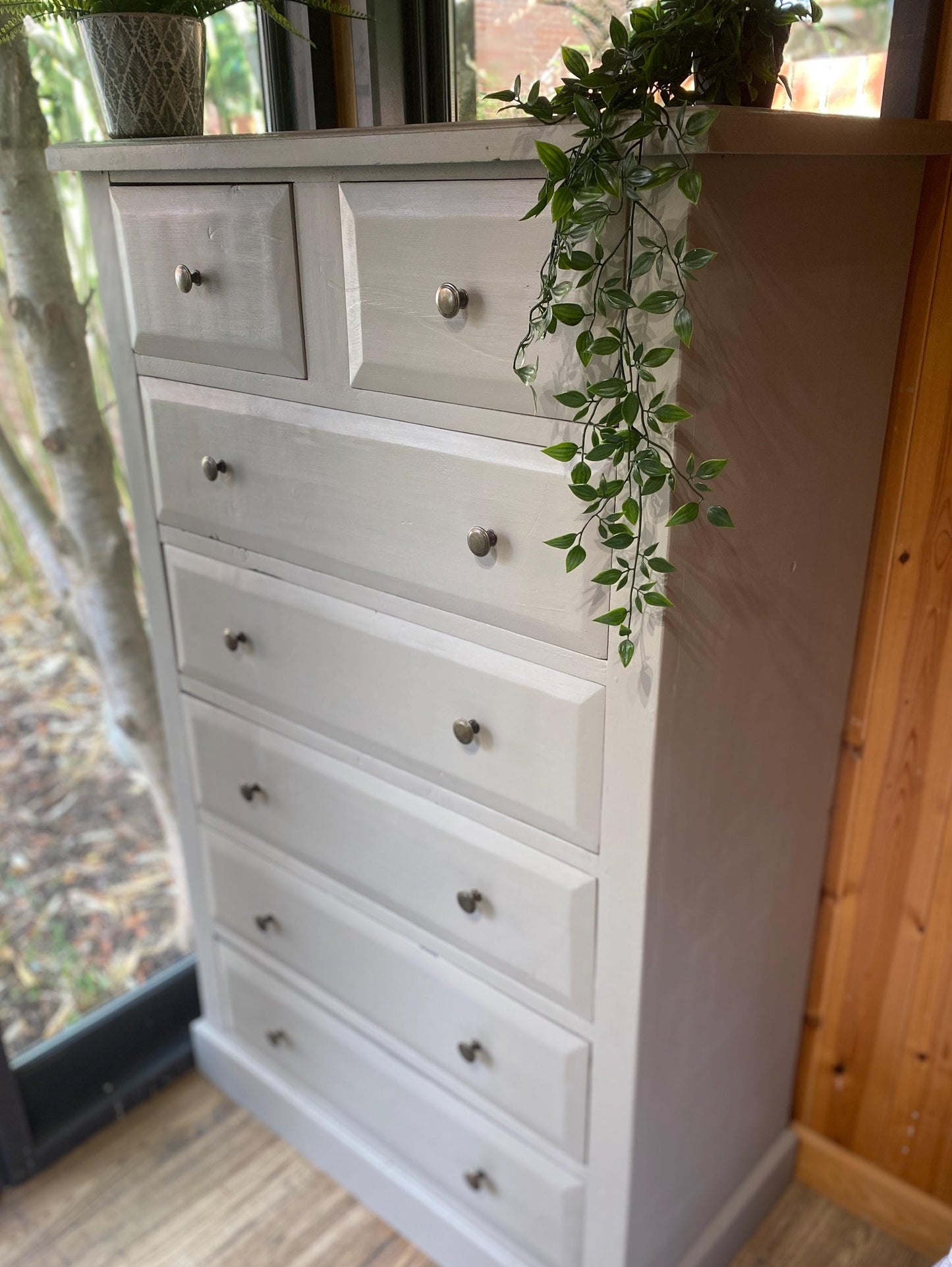 Vintage Hand-Painted Grey Chest of Drawers: Tall 7-Drawer Storage, Brass Knobs 146cm high x 86cm wide