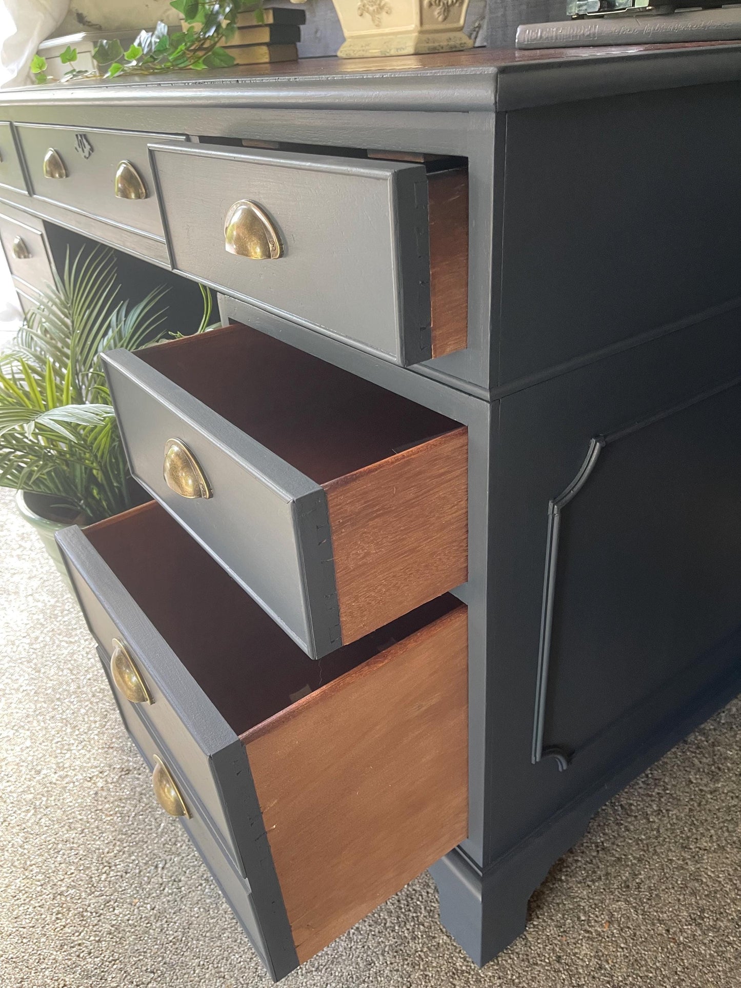 Vintage Large Leather Top Desk painted in navy blue with red leather 137cm Wide x 68.5cm deep (comes in three parts)
