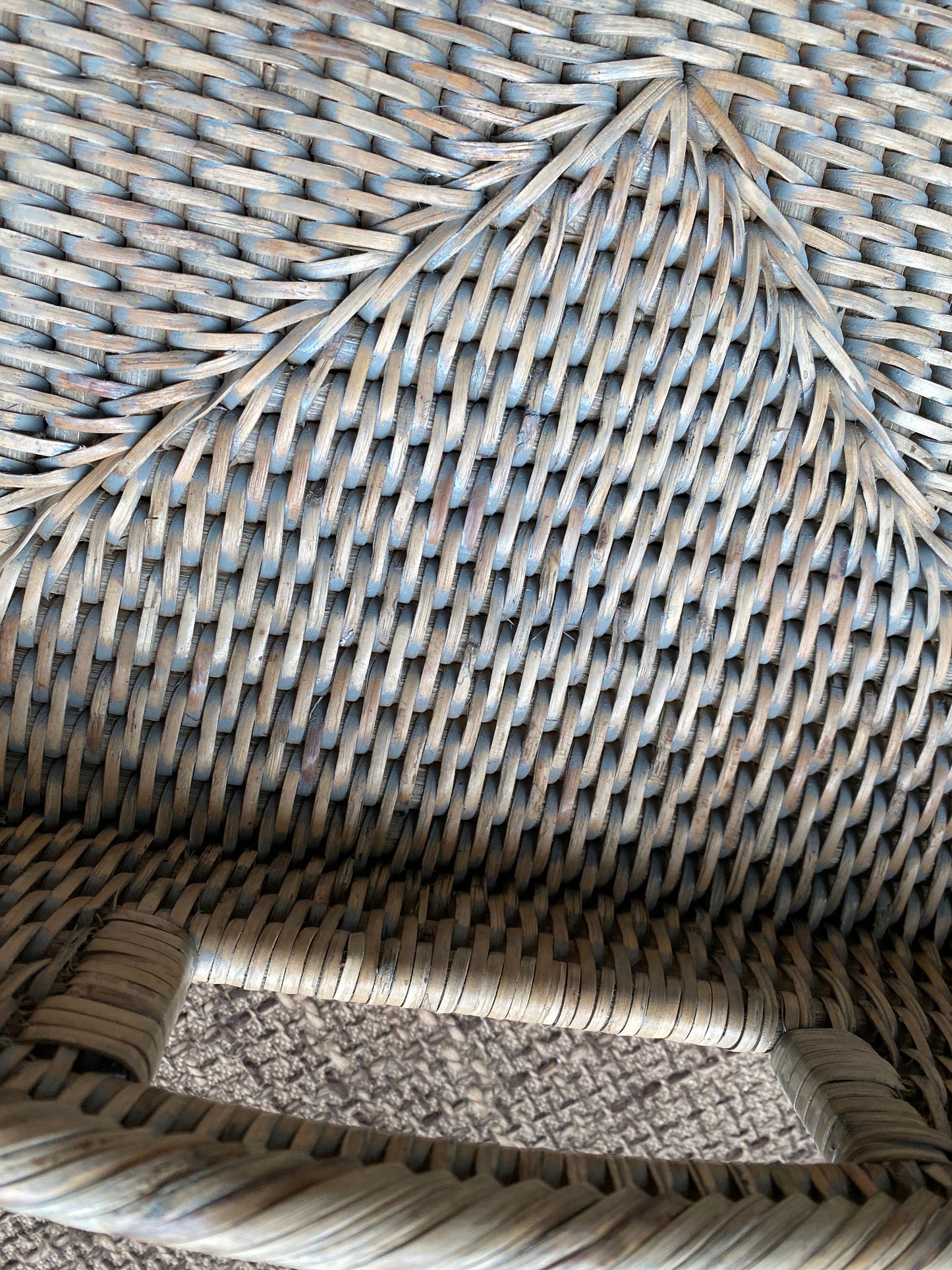 A medium handmade rattan morning  tray in a natural and grey weave 45 x 29 x 5 cm