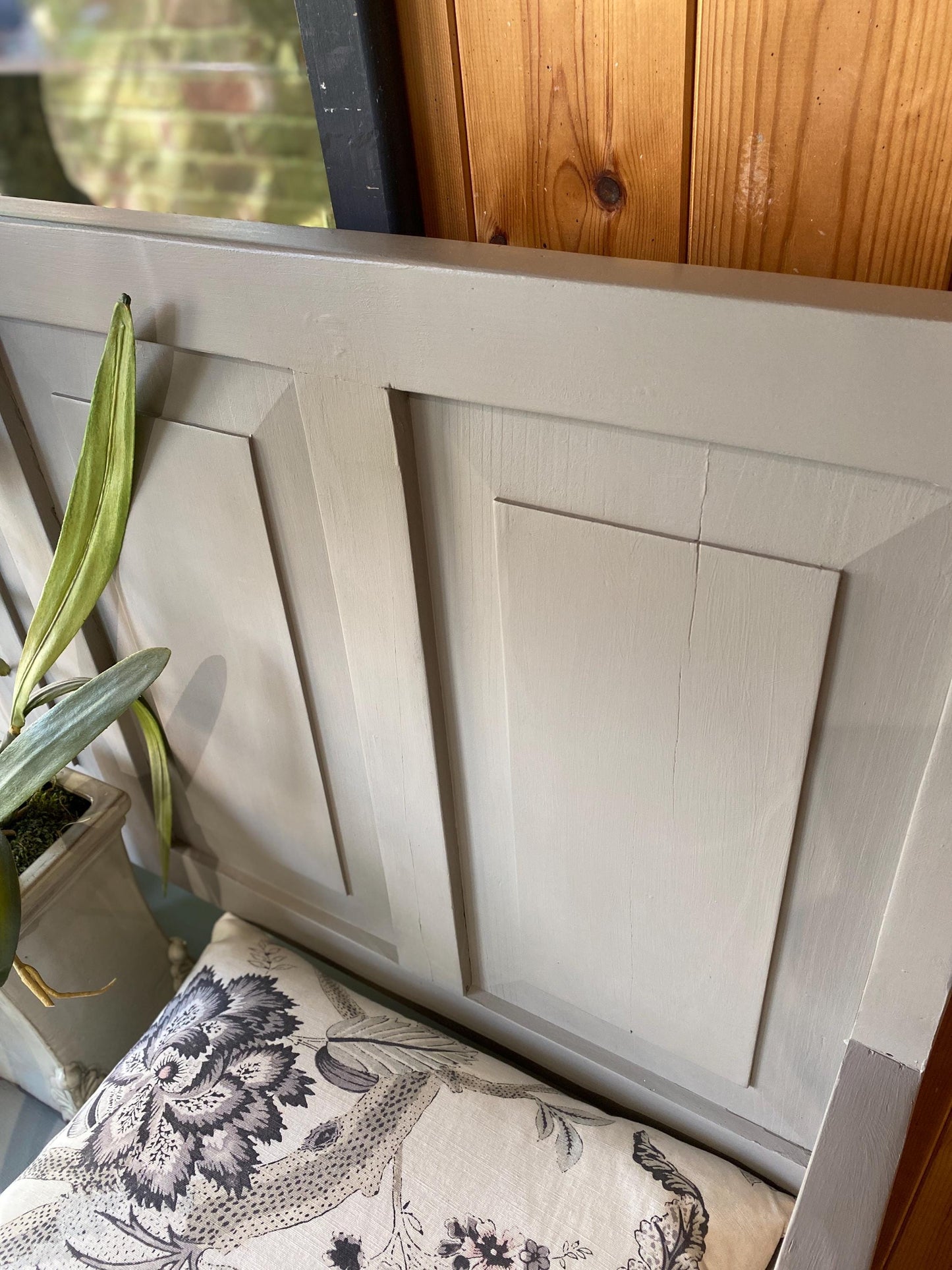 Vintage pine bench with storage drawers hand painted in grey