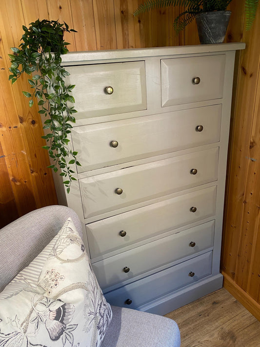 Vintage Hand-Painted Grey Chest of Drawers: Tall 7-Drawer Storage, Brass Knobs 146cm high x 86cm wide