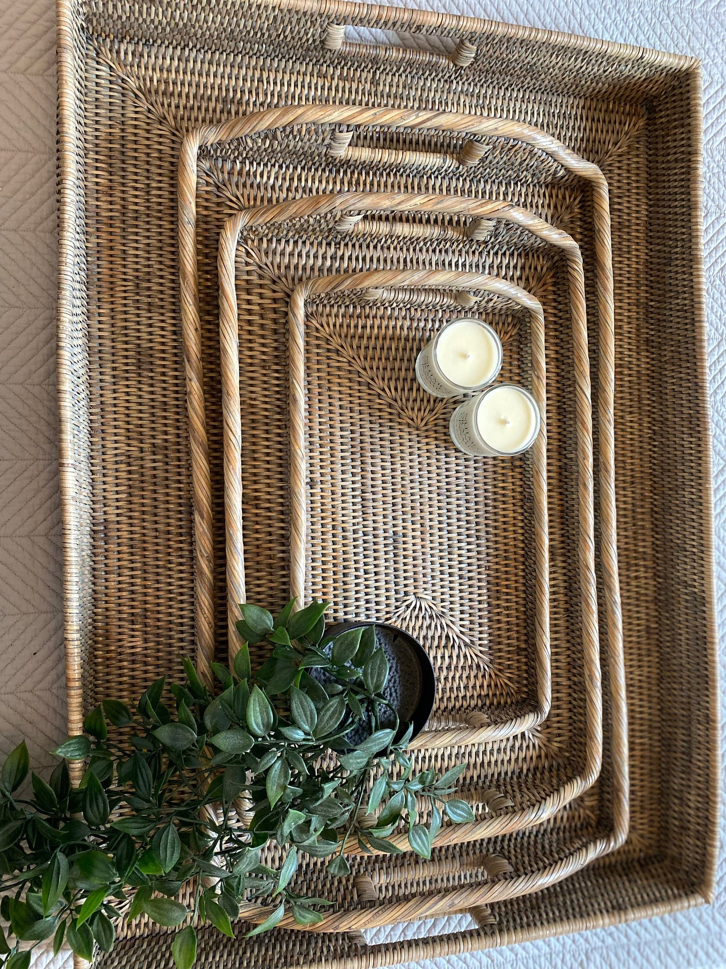 A medium handmade rattan morning  tray in a natural and grey weave 45 x 29 x 5 cm