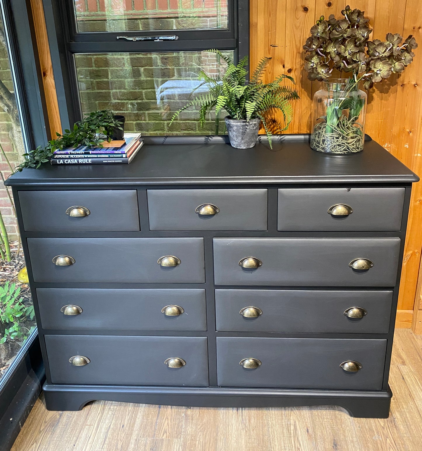 Black multi/chest of 9 drawers with cup handles 145 x 100 x 47 cm