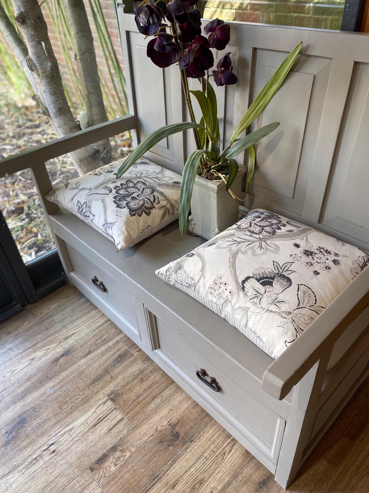 Vintage pine bench with storage drawers hand painted in grey