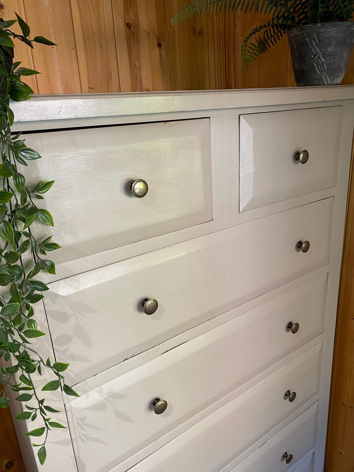 Vintage Hand-Painted Grey Chest of Drawers: Tall 7-Drawer Storage, Brass Knobs 146cm high x 86cm wide