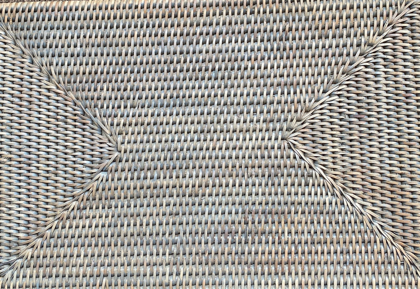 A medium handmade rattan morning  tray in a natural and grey weave 45 x 29 x 5 cm