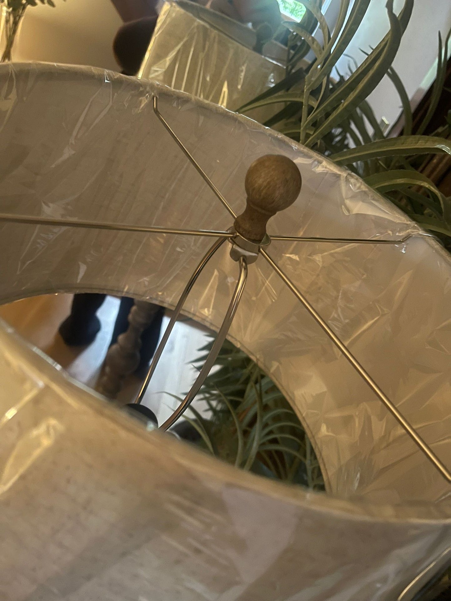 Solid wooden lamp stand with cream linen shade Free UK Delivery