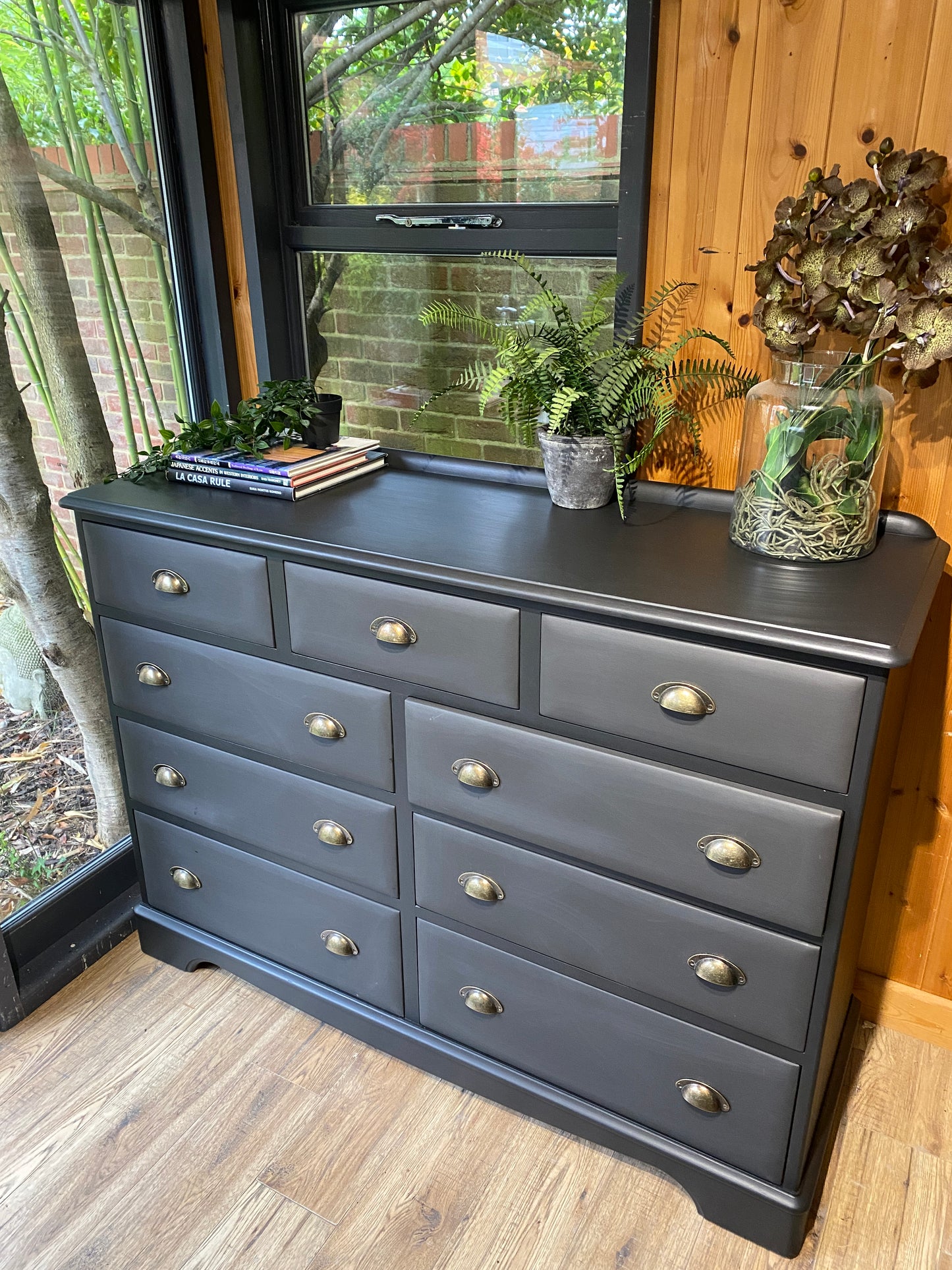 Black multi/chest of 9 drawers with cup handles 145 x 100 x 47 cm