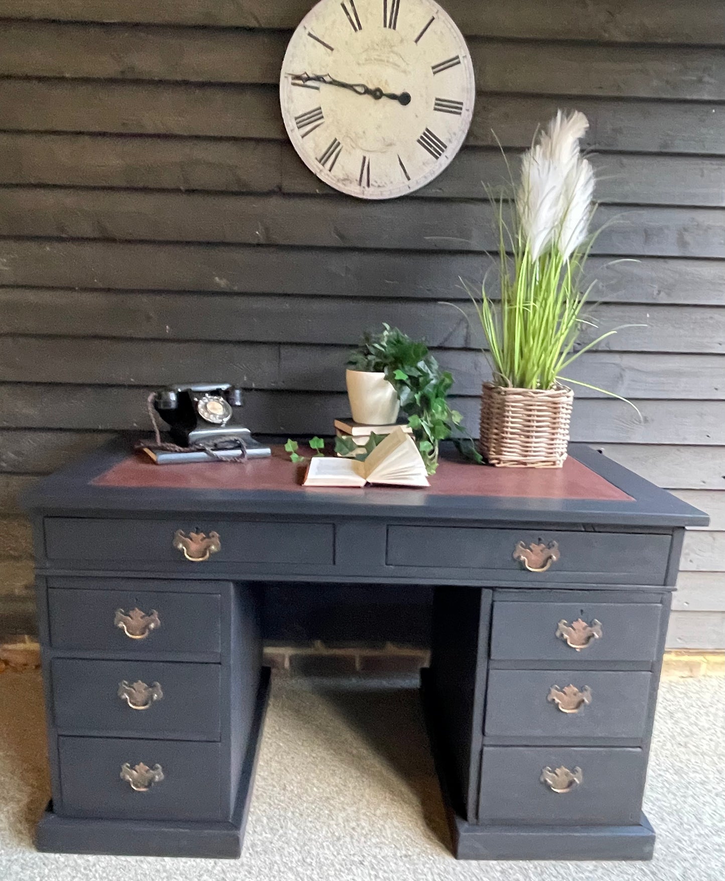 Vintage Black Oak Desk 130cm Wide