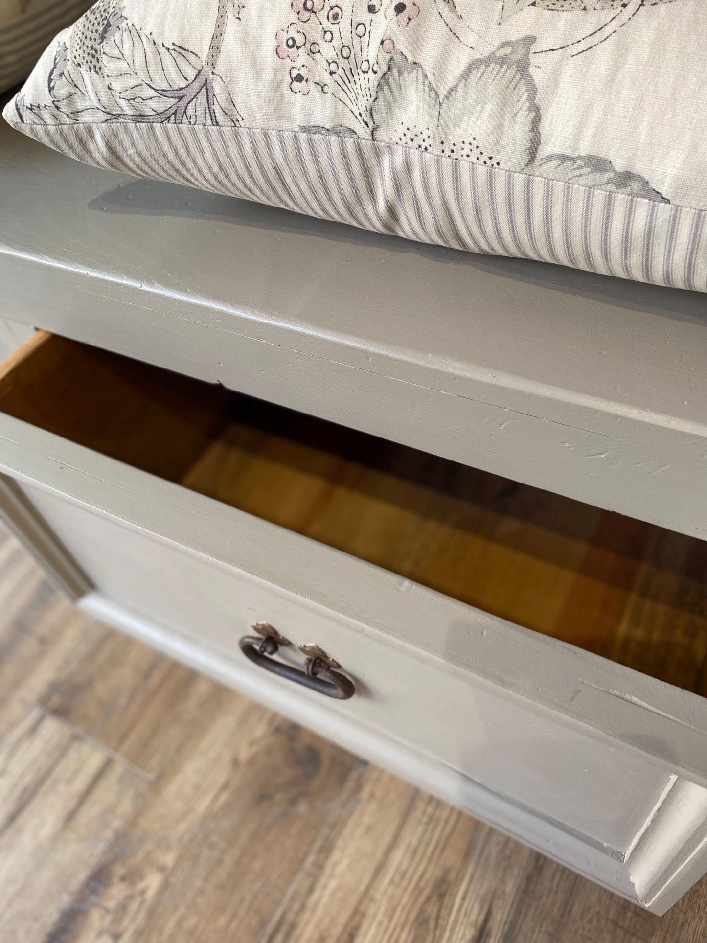 Vintage pine bench with storage drawers hand painted in grey