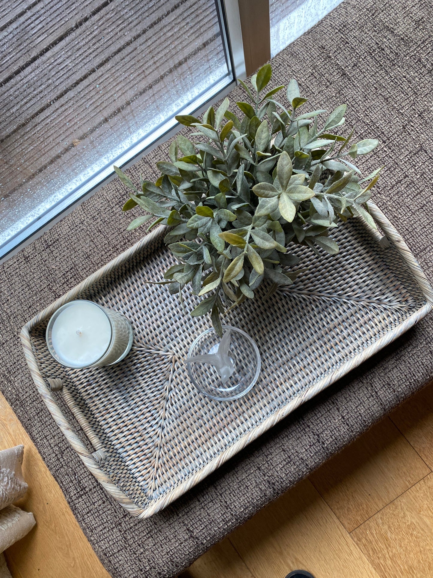 A medium handmade rattan morning  tray in a natural and grey weave 45 x 29 x 5 cm