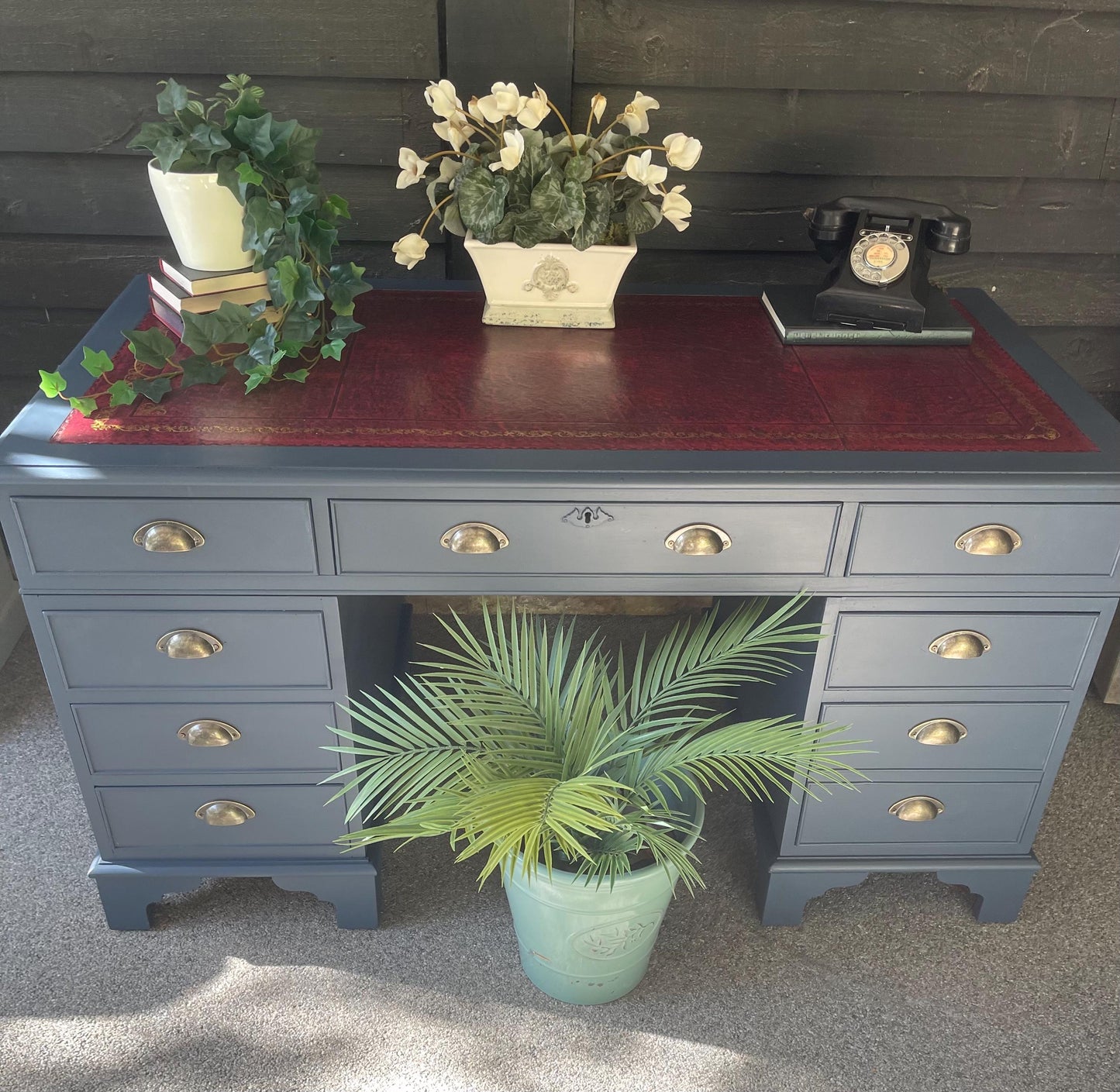 Vintage Large Leather Top Desk painted in navy blue with red leather 137cm Wide x 68.5cm deep (comes in three parts)