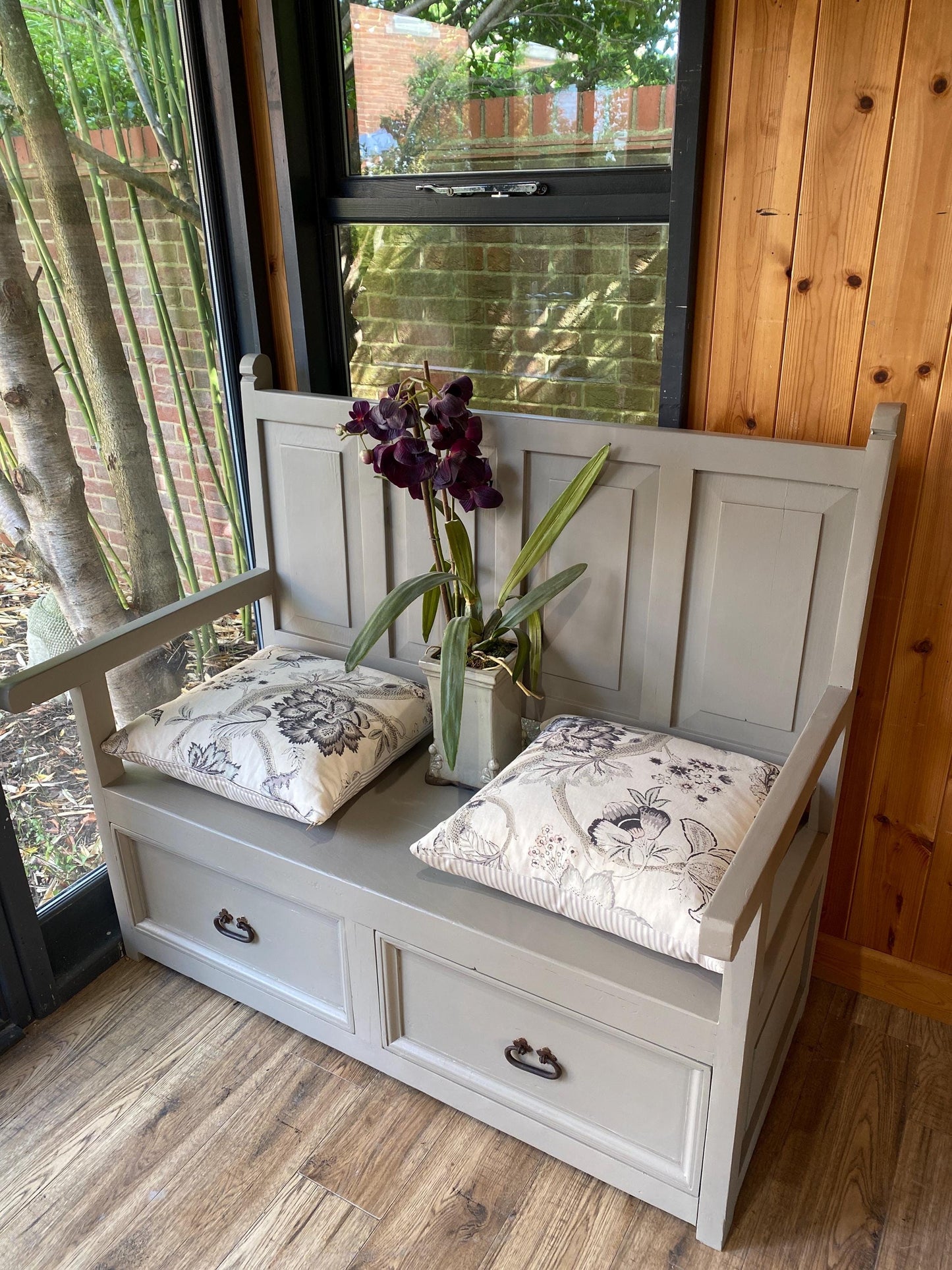 Vintage pine bench with storage drawers hand painted in grey