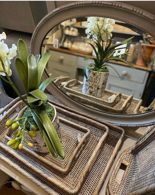 A medium handmade rattan morning  tray in a natural and grey weave 45 x 29 x 5 cm