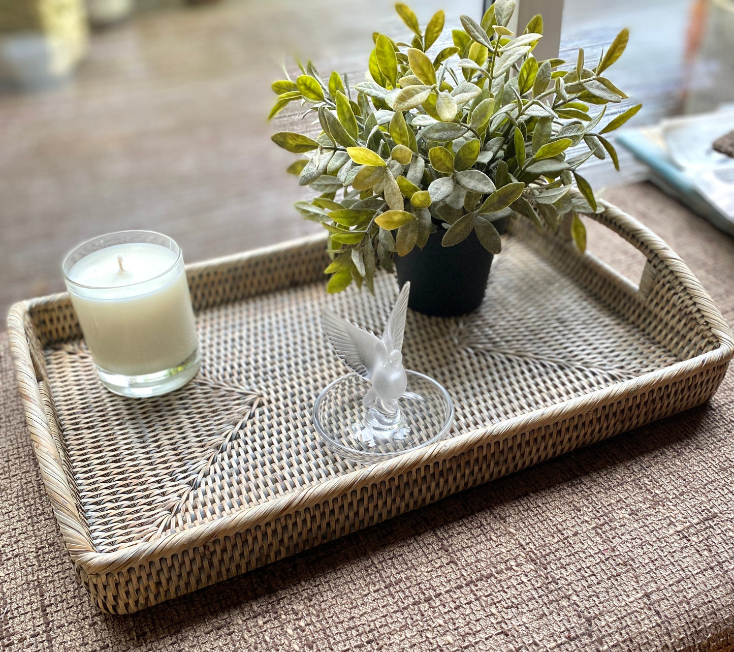 A medium handmade rattan morning  tray in a natural and grey weave 45 x 29 x 5 cm