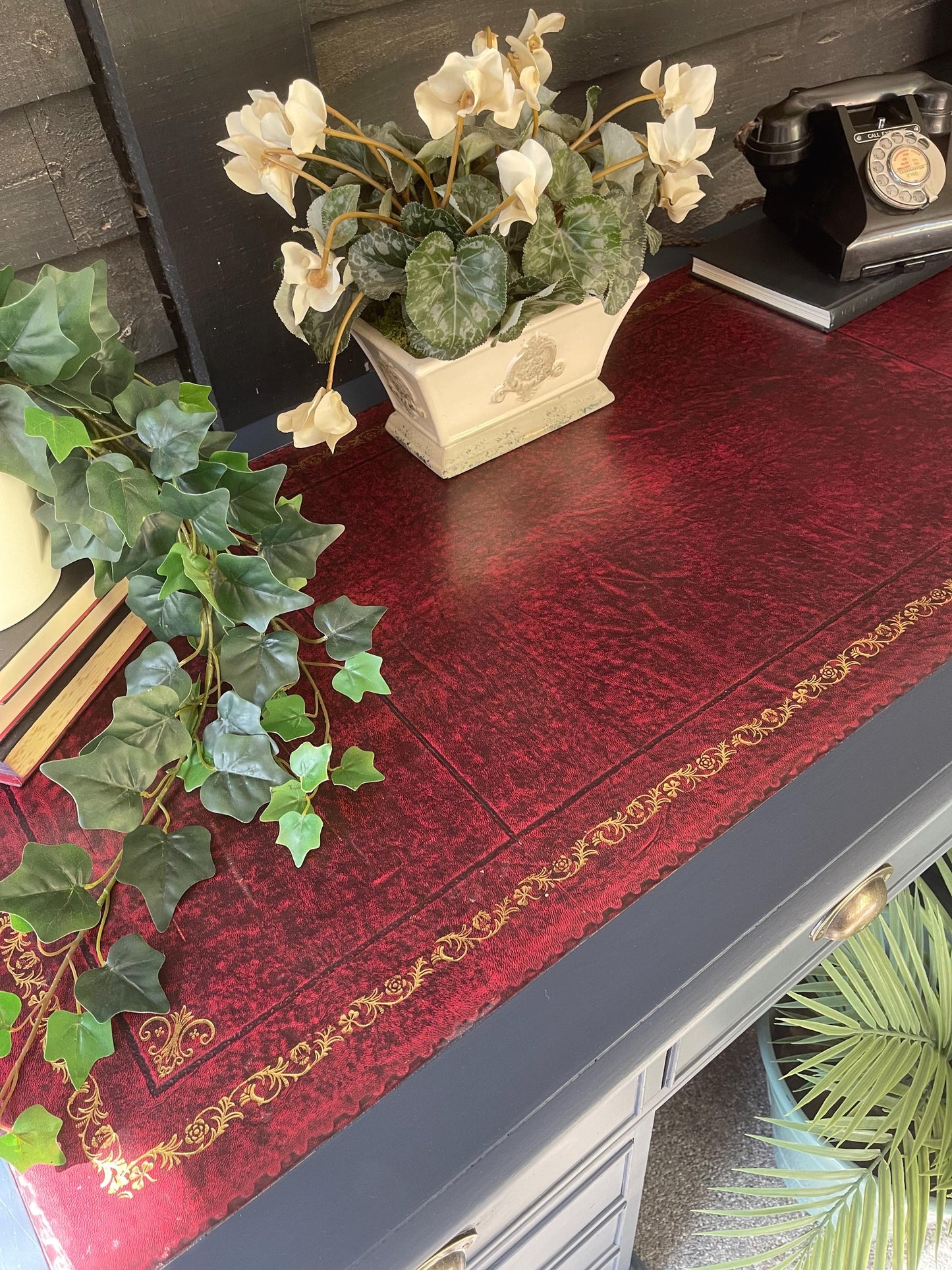 Vintage Large Leather Top Desk painted in navy blue with red leather 137cm Wide x 68.5cm deep (comes in three parts)