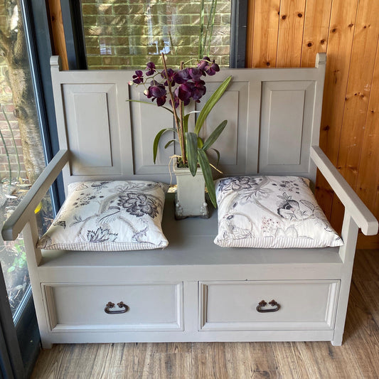 Vintage pine bench with storage drawers hand painted in grey