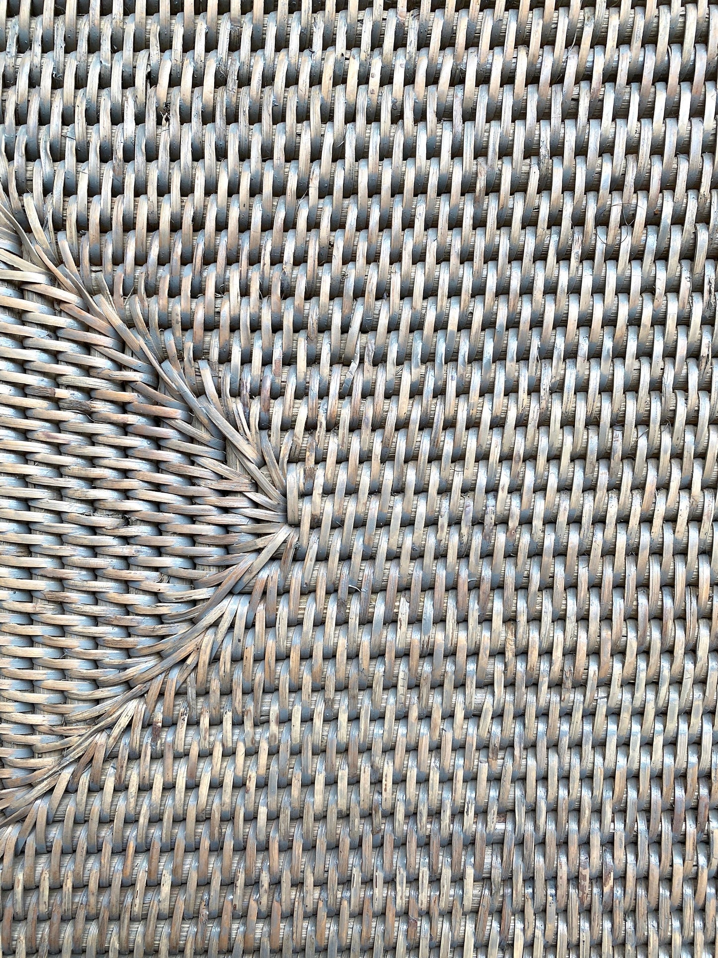 A medium handmade rattan morning  tray in a natural and grey weave 45 x 29 x 5 cm