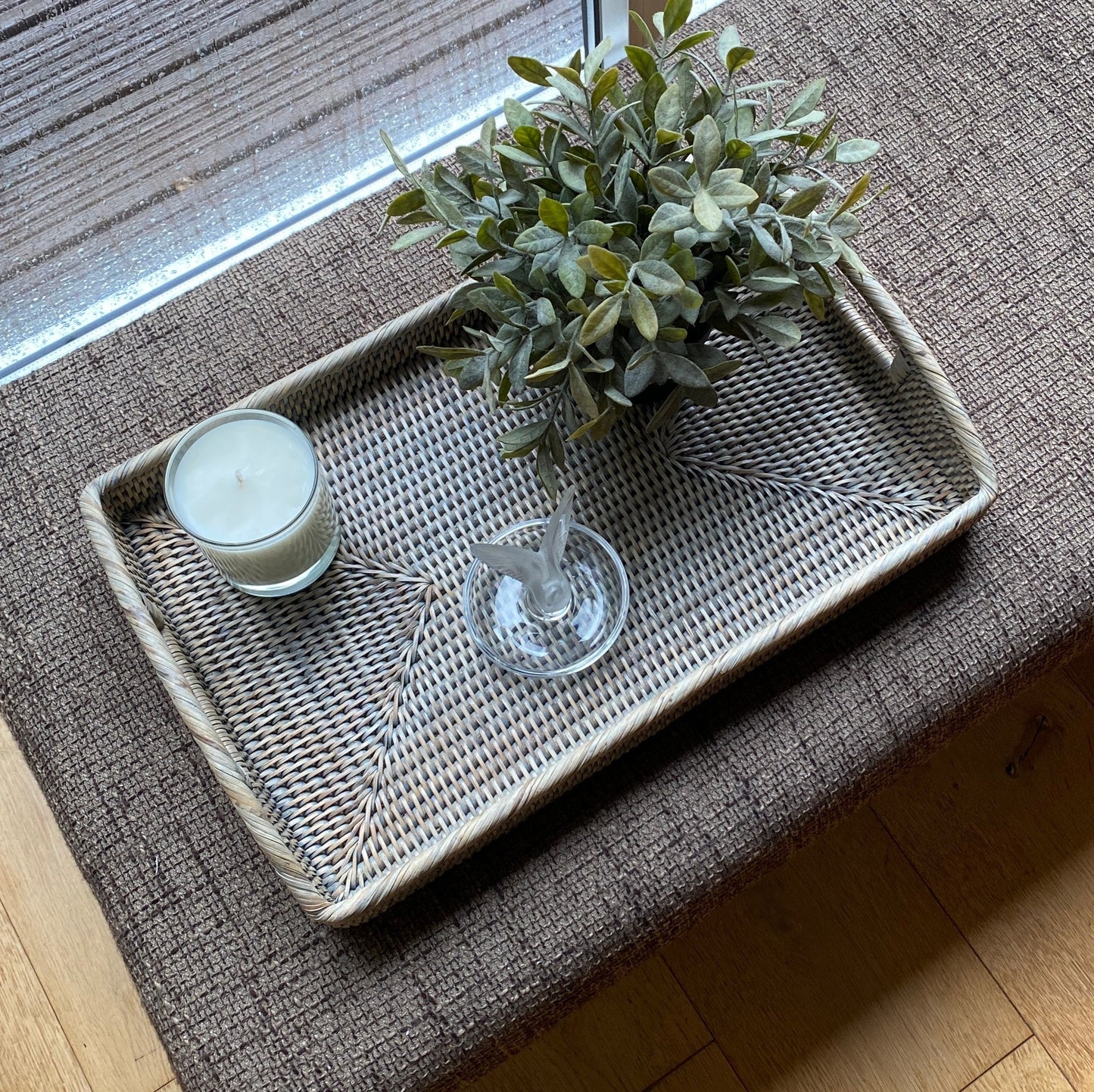 A medium handmade rattan morning  tray in a natural and grey weave 45 x 29 x 5 cm